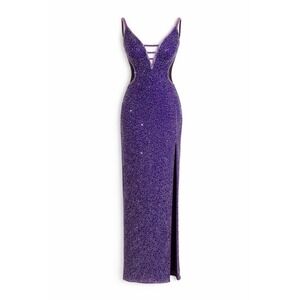 VTG Scala Maxi Dress 100% Silk Beaded Formal Cut Out Slit SZ Medium* Prom Purple